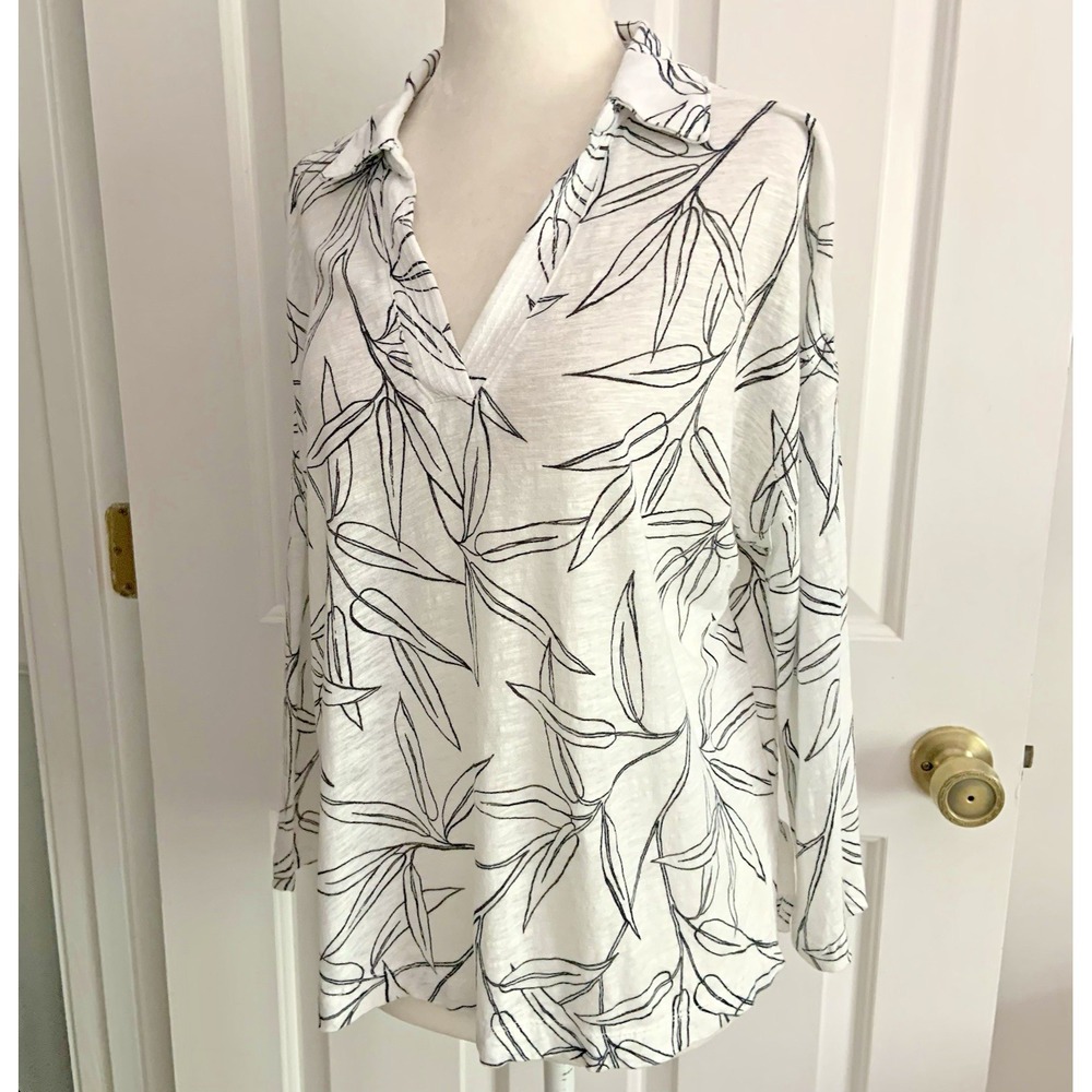 Cynthia Rowley White Linen/lyocell 3/4 Sleeve Leaf Print White/black Top sz M